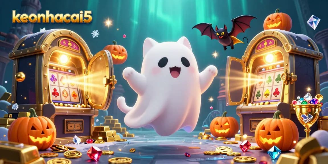 Engage with keonhacai5 in a vibrant casino scene featuring a ghost cat, vampire bat, and glowing treasures.
