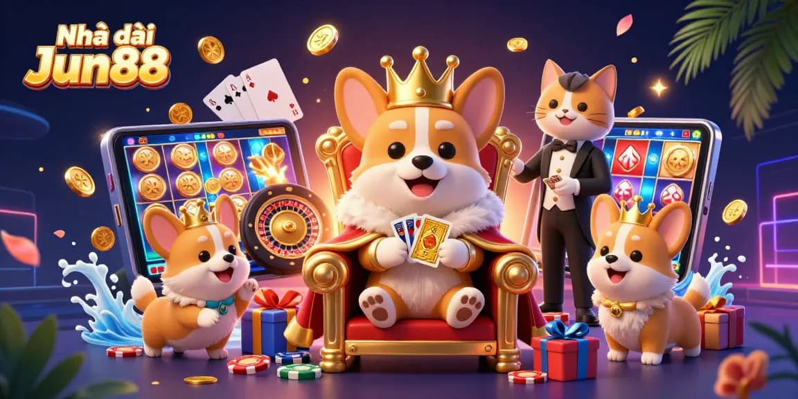 Experience engaging gameplay at Nhà cái Jun88 with vibrant slot games, surrounded by gaming royalty.