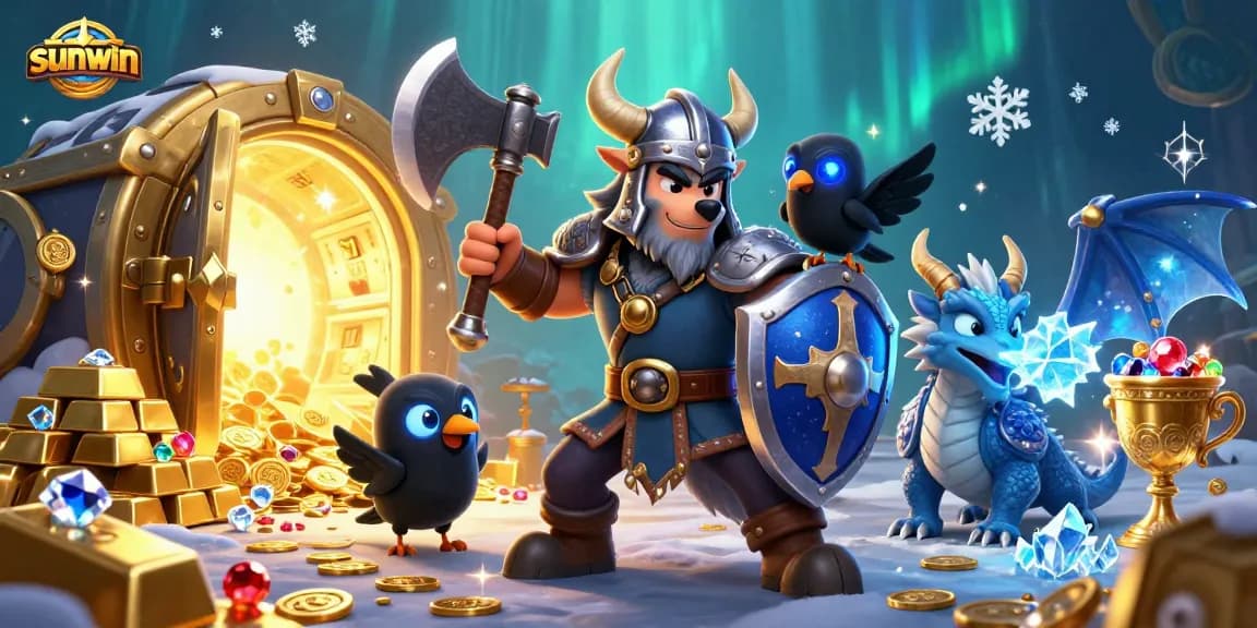 Battle alongside sunwin characters in a vibrant casino treasure scene packed with gems and luck.