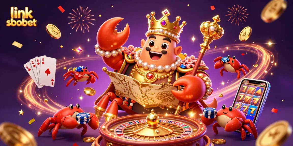 Engage with exciting bets at link sbobet with a vibrant 3D crab emperor surrounded by casino elements.