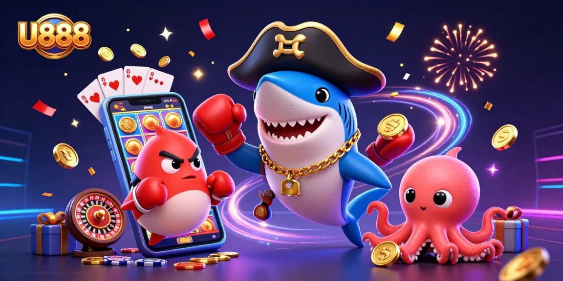 Experience U888's exciting gambling world with a cartoon shark, pufferfish, and octopus winning coins.
