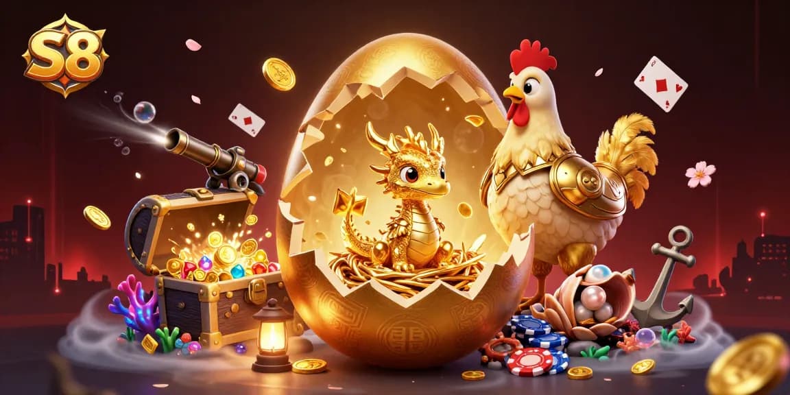 S8 showcases a dazzling baby dragon with golden poker chips amidst an underwater treasure scene.