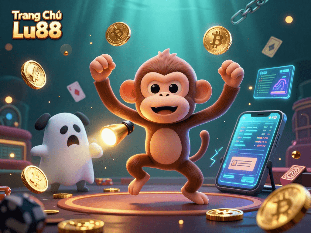 Engage with Trang Chủ Lu88 as a poltergeist monkey juggles coins in a haunted casino.