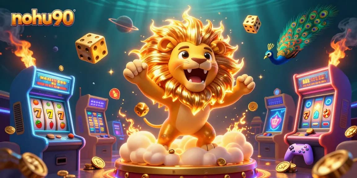 Nohu90 showcases vibrant 3D casino elements with a roaring lion, golden dice, and thrilling game features.