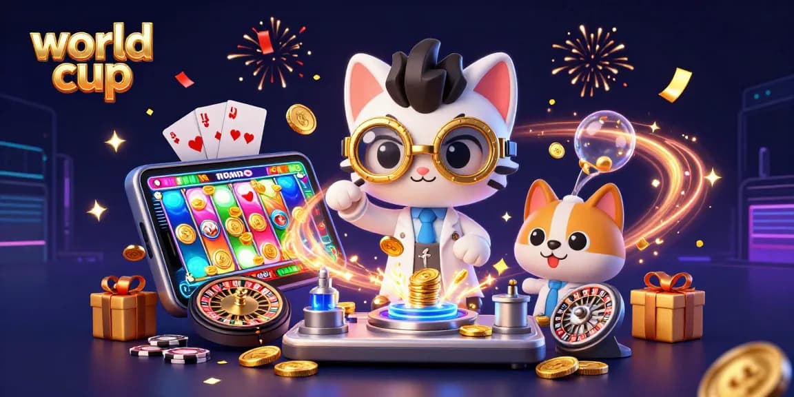 World Cup-themed slot game scene with a mad scientist cat and assistant dog creating excitement.