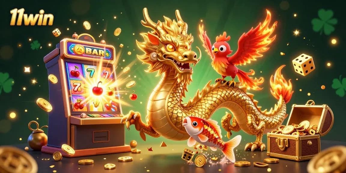 Experience the thrill of 11win with a dynamic casino illustration featuring a dragon and jackpot symbols.