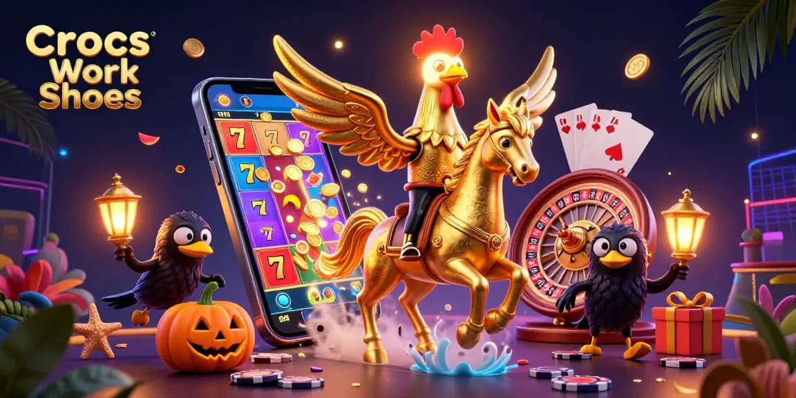 Crocs Work Shoes enhance gameplay as a golden rooster rides a spectral horse in a casino scene.