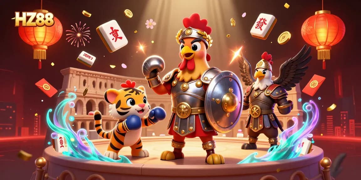 Engage in thrilling gameplay at HZ88 with a dynamic scene featuring a gladiator rooster and more!
