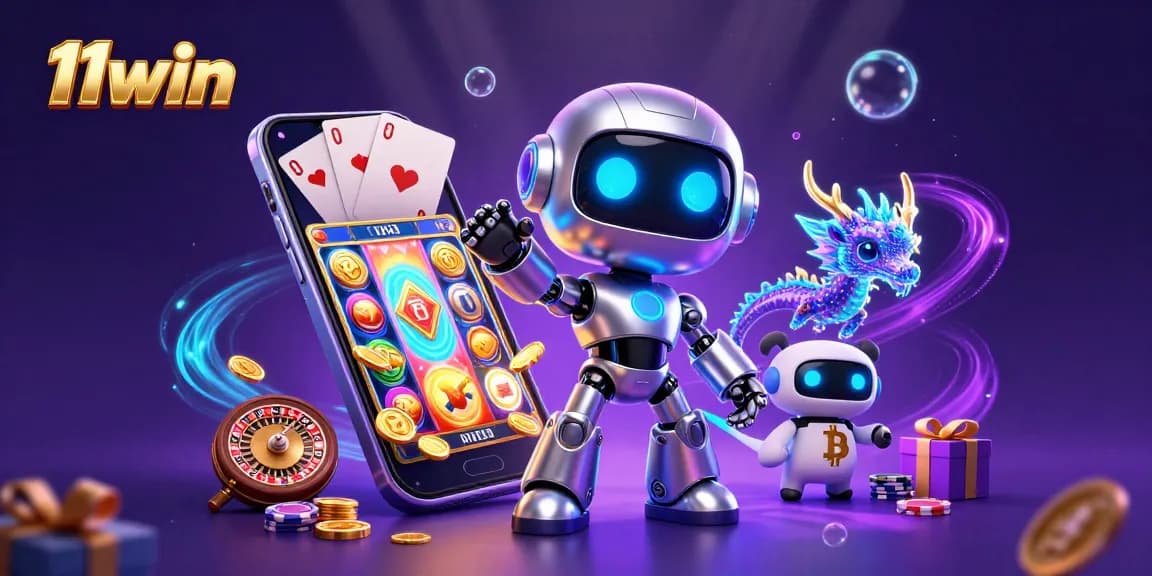 Engage with 11win's thrilling casino experience, featuring a vibrant 3D robot mascot and casino elements.