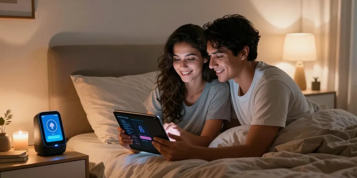 Couple exploring AI sex apps together in a cozy bedroom, enhancing intimacy, and communication.