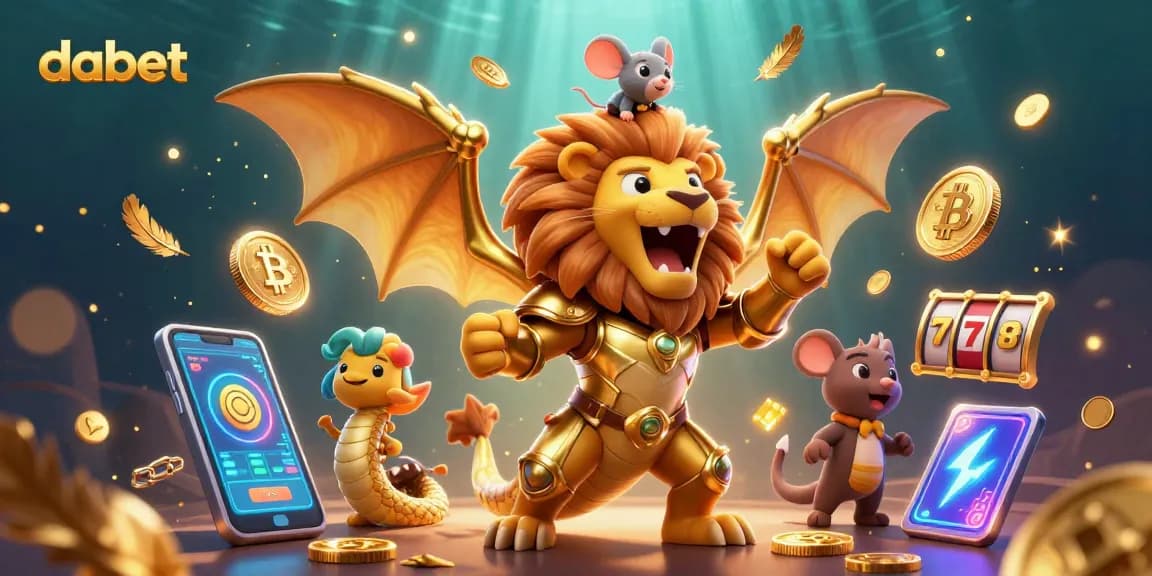 dabet's thrilling casino adventure with a roaring chimera and crypto elements in vibrant 3D illustration.