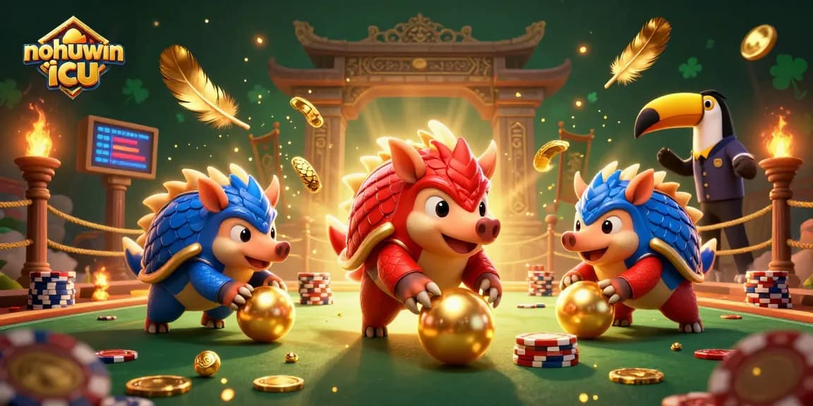 Engage with nohuwin icu as rival pangolins battle through poker chips in a festive gaming environment.