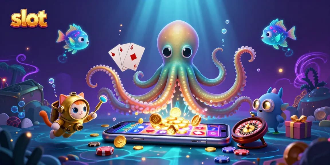 Engaging scene featuring a colossal kraken and a diving cat surrounded by slot game elements.