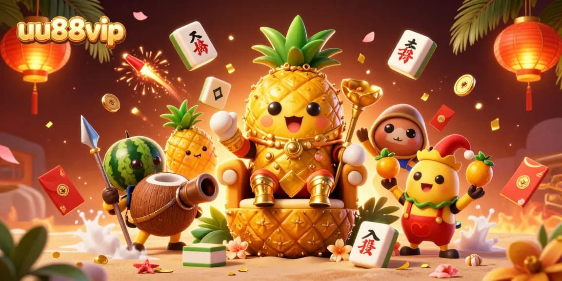 Experience thrilling gaming action with uu88vip as the golden pineapple king reigns over a vibrant casino scene.