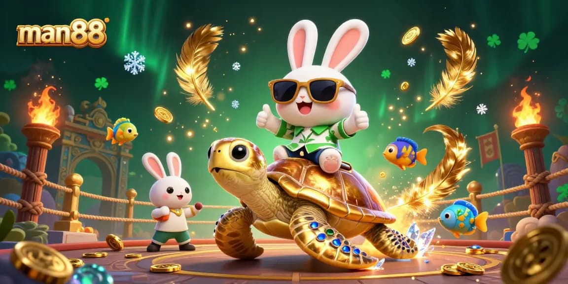 Engage with man88 as the lucky rabbit rides a golden sea turtle, surrounded by vibrant casino elements.