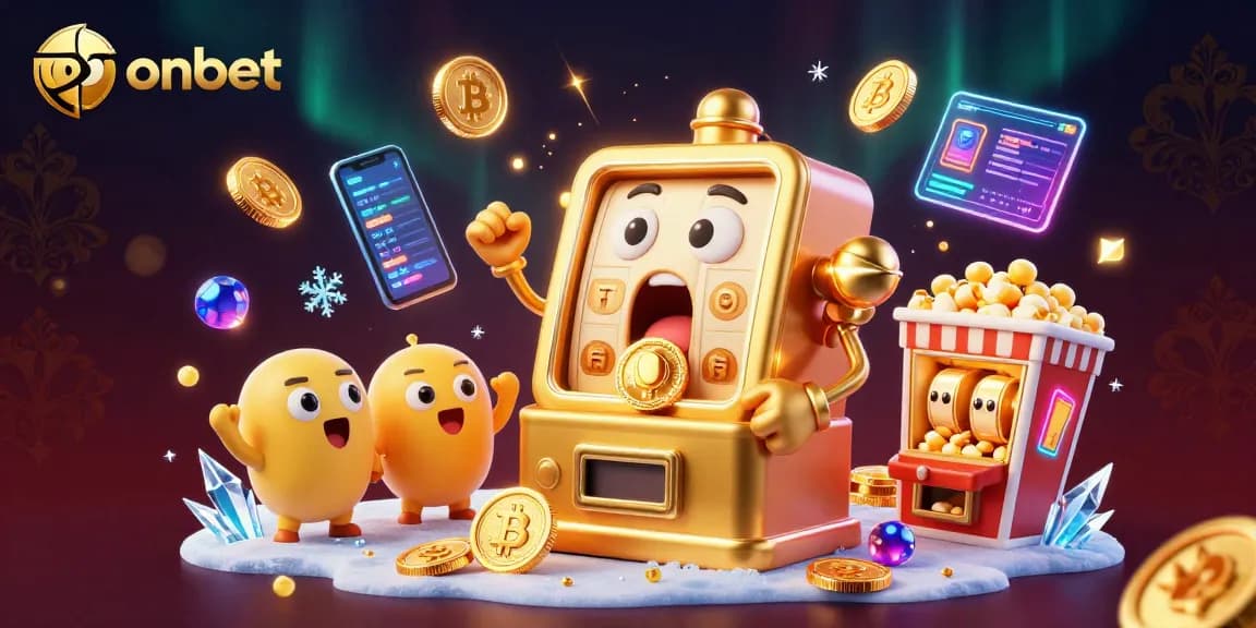 Onbet's golden slot machine celebrating a jackpot with crypto elements in an engaging casino scene.