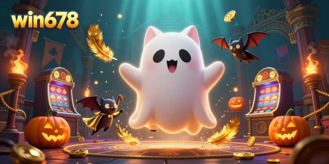 Experience the excitement of win678 with the ghost cat and spirit elements in a vibrant casino setting.