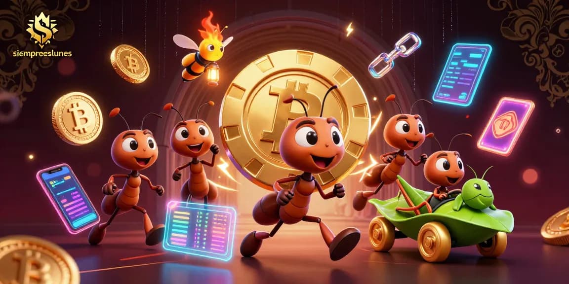 Engage with siempreeslunes as ants heist a golden poker chip amidst glimmering crypto riches.