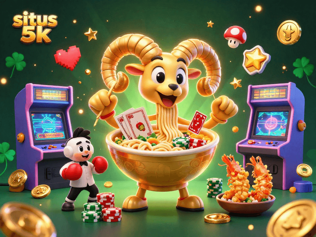 situs slot 5k showcases a vibrant 3D casino scene with a ramen bowl dealer and gaming action.