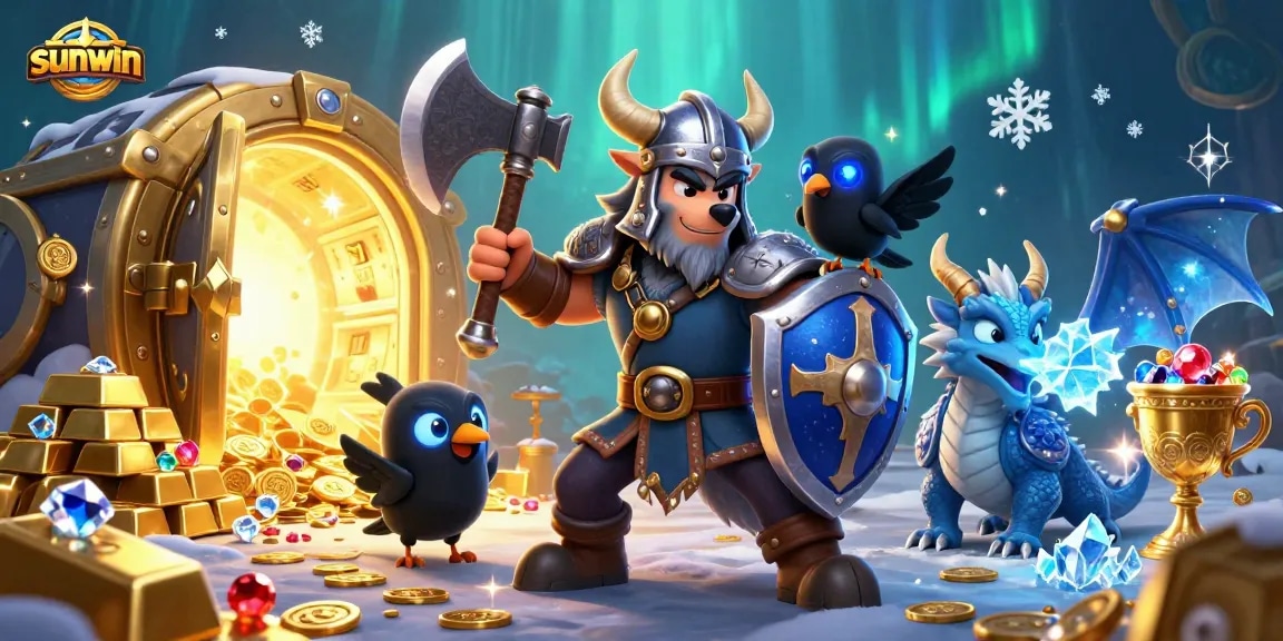 Battle alongside sunwin characters in a vibrant casino treasure scene packed with gems and luck.