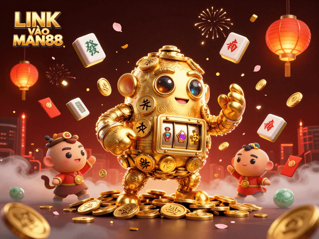 Engage in the thrill of gambling with LINK VÀO MAN88, featuring a dynamic golden golem and magical game elements.