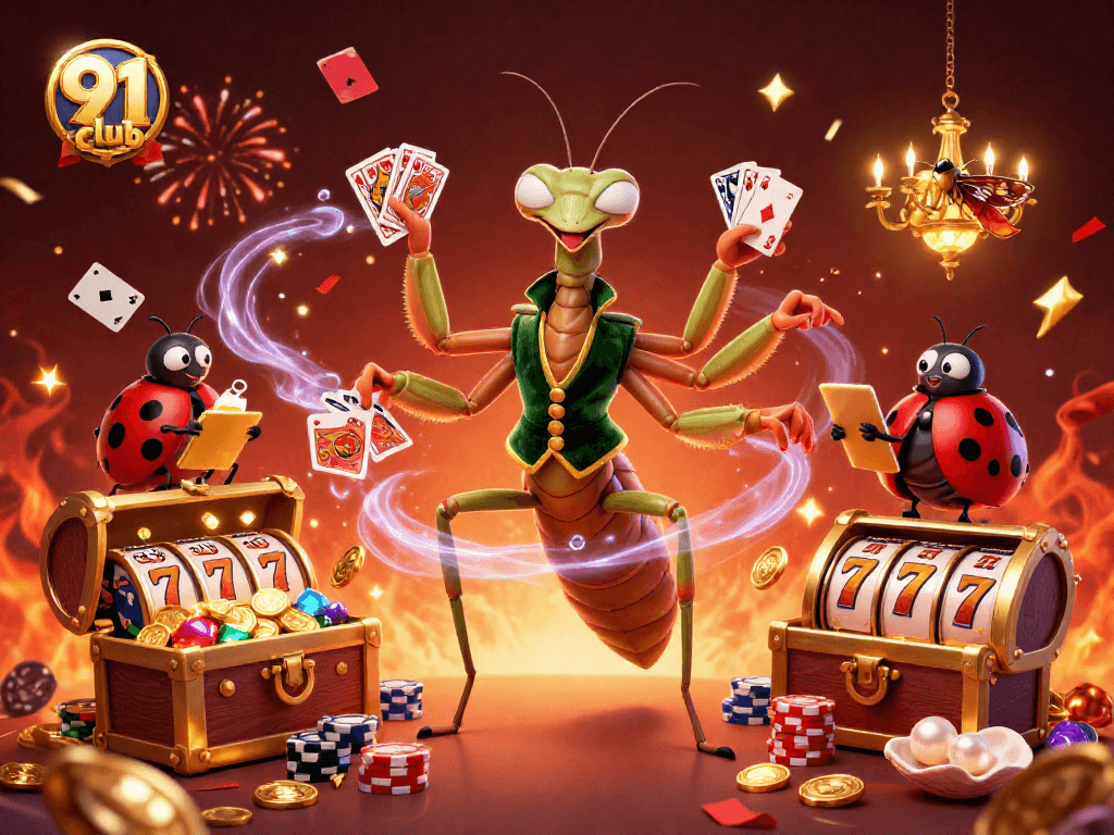 Engage with the 91 club as a giant praying mantis card sharp and ladybug pit boss create casino excitement.