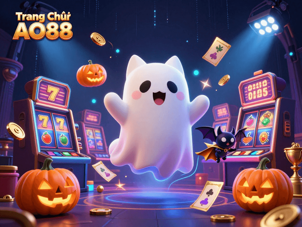 Experience the thrill of winning at Trang Chủ AO88 with a vibrant casino scene featuring a friendly ghost cat and dynamic game elements.