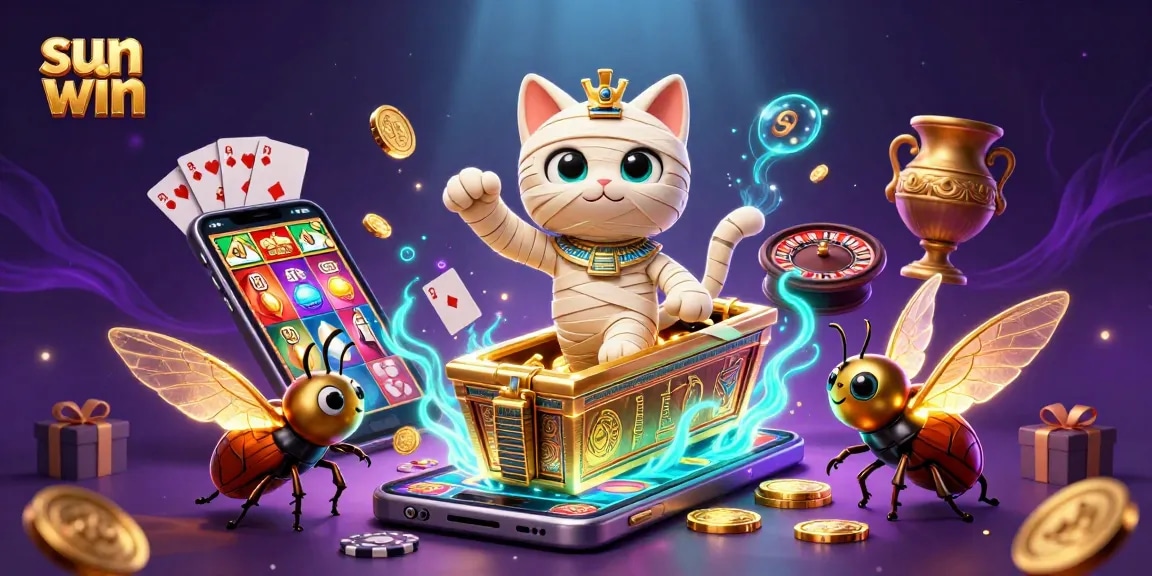 Experience the thrill of sun win with 3D mummy and scarab in a vibrant casino scene.