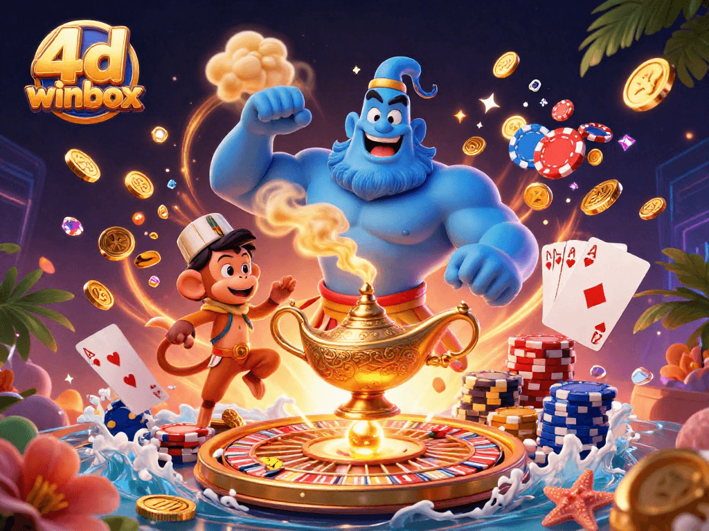 The 4d winbox genie and monkey celebrate with vibrant poker chips and gold coins in a magical lottery scene.