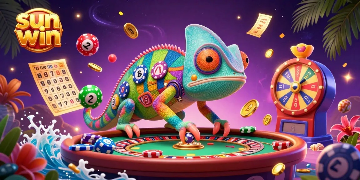 Watch the sun win as the chameleon casino owner captures golden coins amidst vibrant lottery fun.