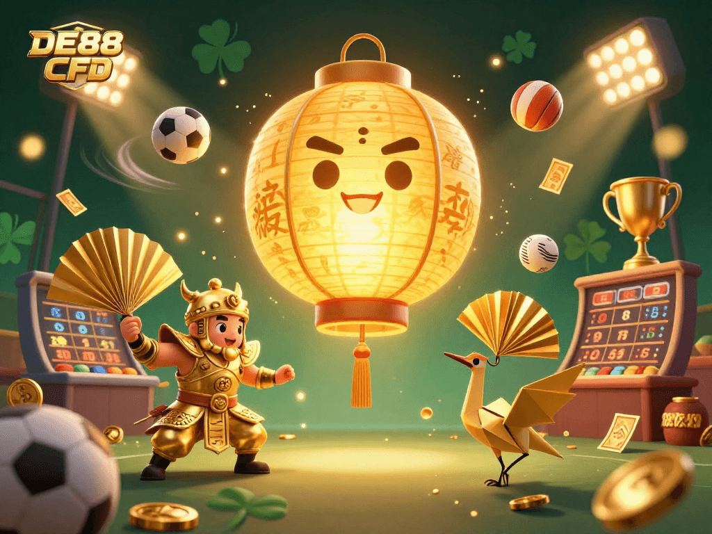 Win big with DE88 CFD at this vibrant night market casino featuring lucky characters!