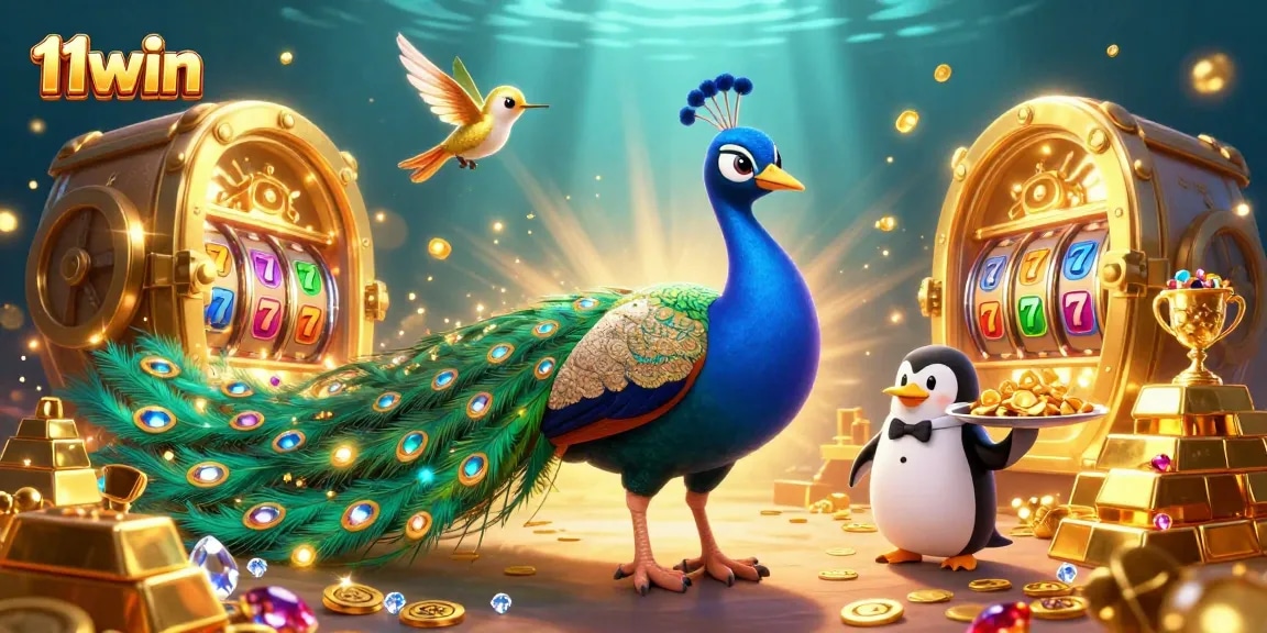 Experience the excitement of 11win with vibrant slot reels amidst dazzling gems and characters.
