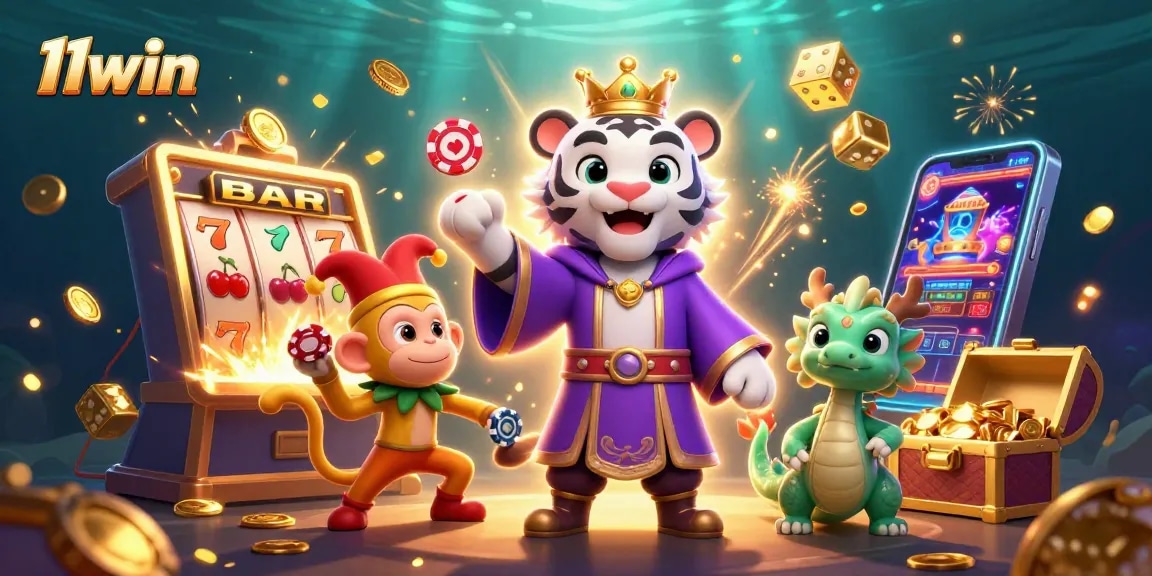 Experience fortune at 11win with vibrant casino magic from a playful monkey and majestic tiger.