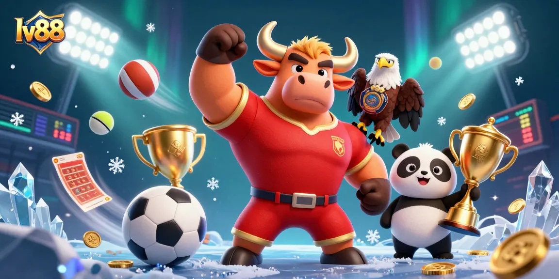 Celebrate victories at lv88 with dynamic sports balls, trophies, and joyful characters in a vibrant illustration.
