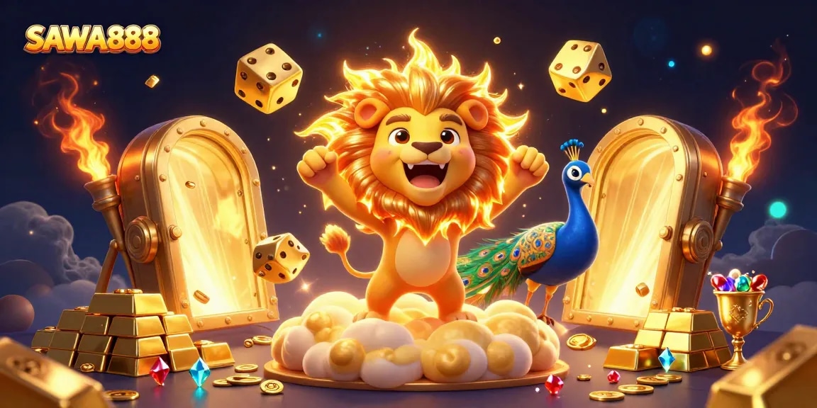 SAWA888 engages players with thrilling gameplay amid golden treasures and vibrant casino elements.