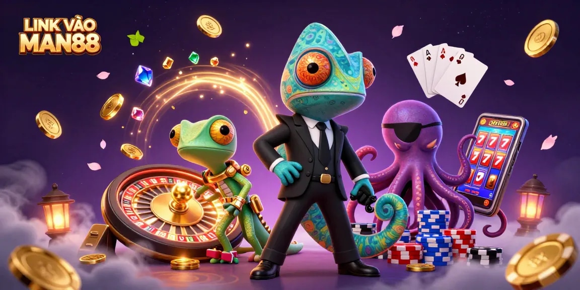 Engage with the excitement of LINK VÀO MAN88, featuring vibrant casino elements in a dynamic 3D scene.