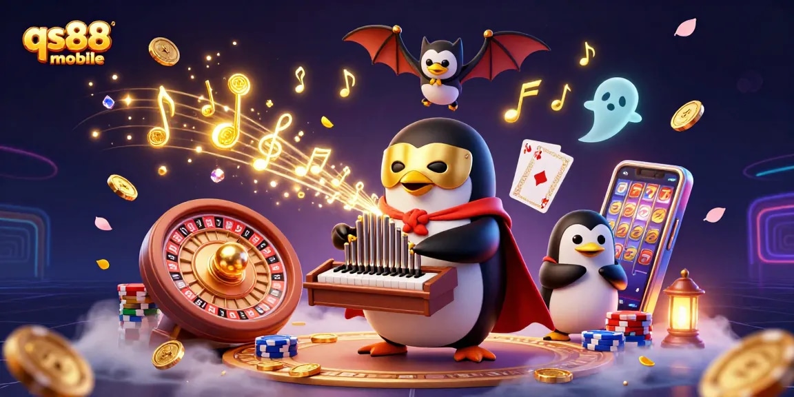 Experience the excitement of qs88 mobile with animated elements of golden coins and a vibrant casino atmosphere.