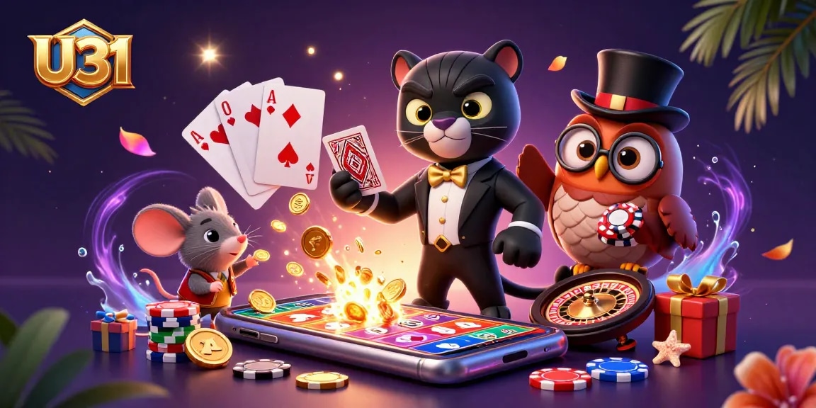 Experience excitement with U31 at the vibrant 3D casino featuring an elegant panther dealer and playful characters.