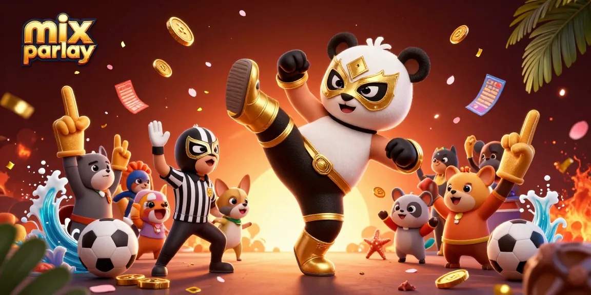 Bet effectively with mix parlay in vibrant sports betting scene featuring a wrestling panda and cheering crowd.