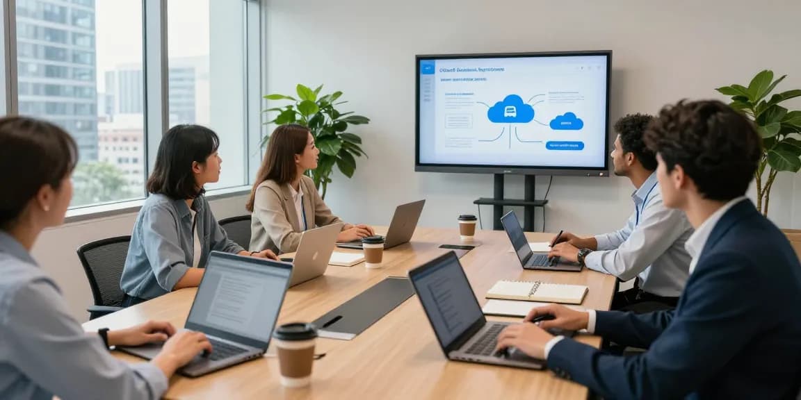 Collaboration around a conference table showcasing a cloud business phone system integration in a modern office.