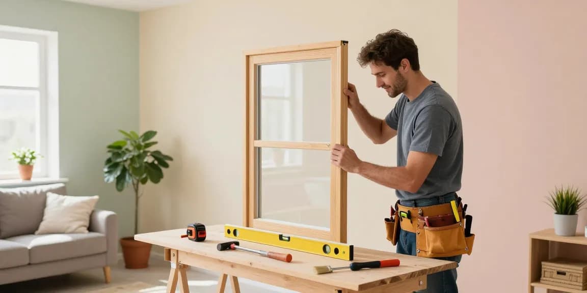Home repair specialists working on a window frame in a modern living room, showcasing dedication to quality home improvements.