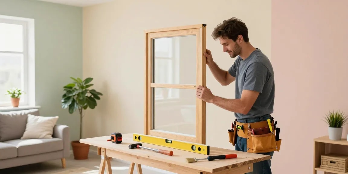 Home repair specialists working on a window frame in a modern living room, showcasing dedication to quality home improvements.