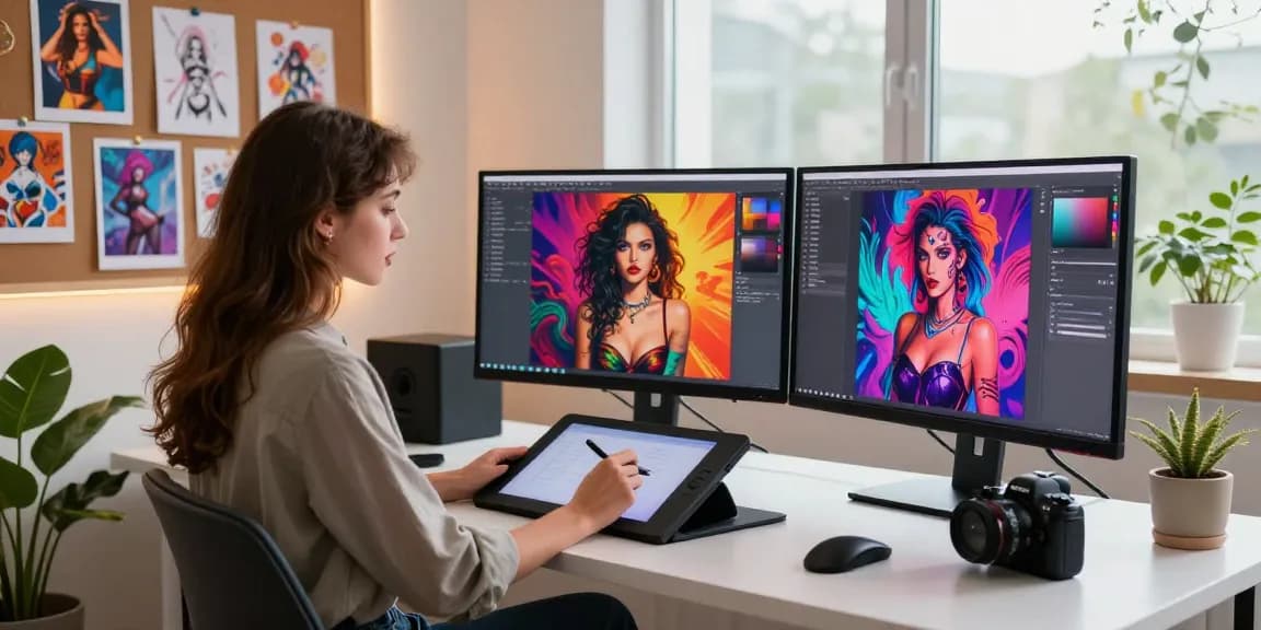 Digital artist creating unique 18+ ai images in a vibrant studio setting.