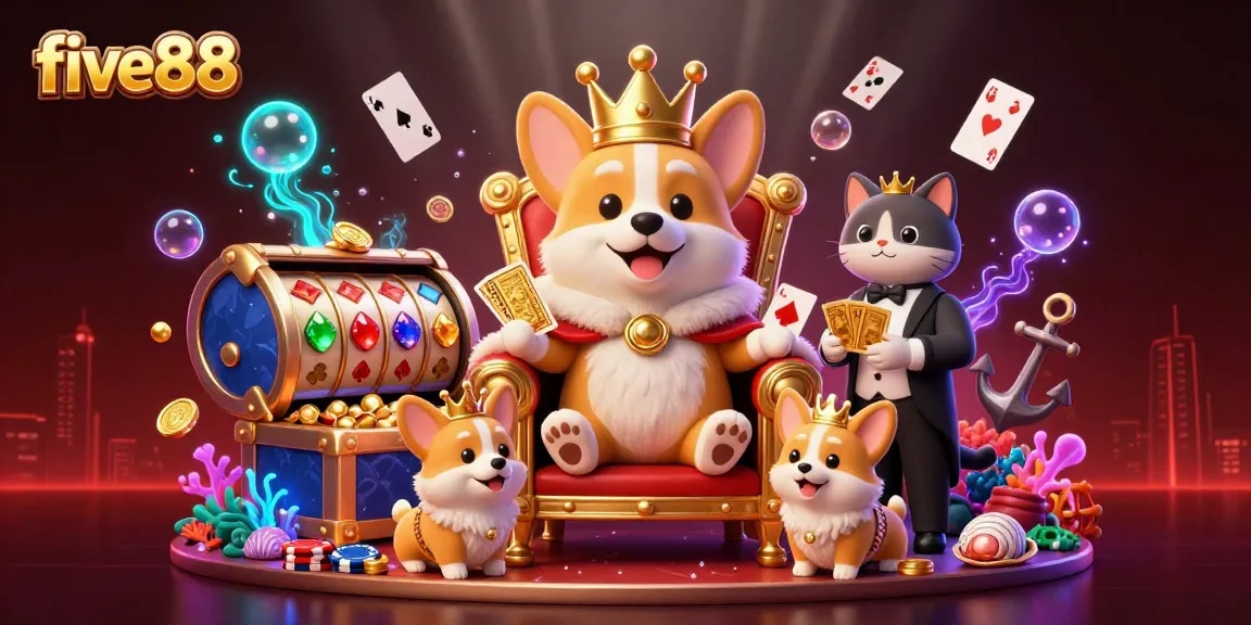 Experience the vibrant five88 scene where corgis and a cat butler celebrate big wins at the casino.