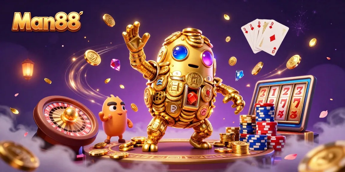 Experience thrilling wins with Man88's dynamic 3D casino adventure featuring golden golem and slot symbols.