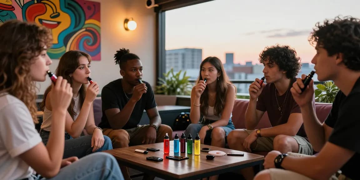 Friends enjoying thc vapes in a vibrant urban lounge with accessories on the table.