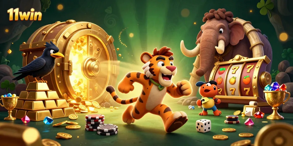 Experience the excitement of 11win as cavemen and a sabertooth run a prehistoric casino with gold bars and vibrant slot reels.