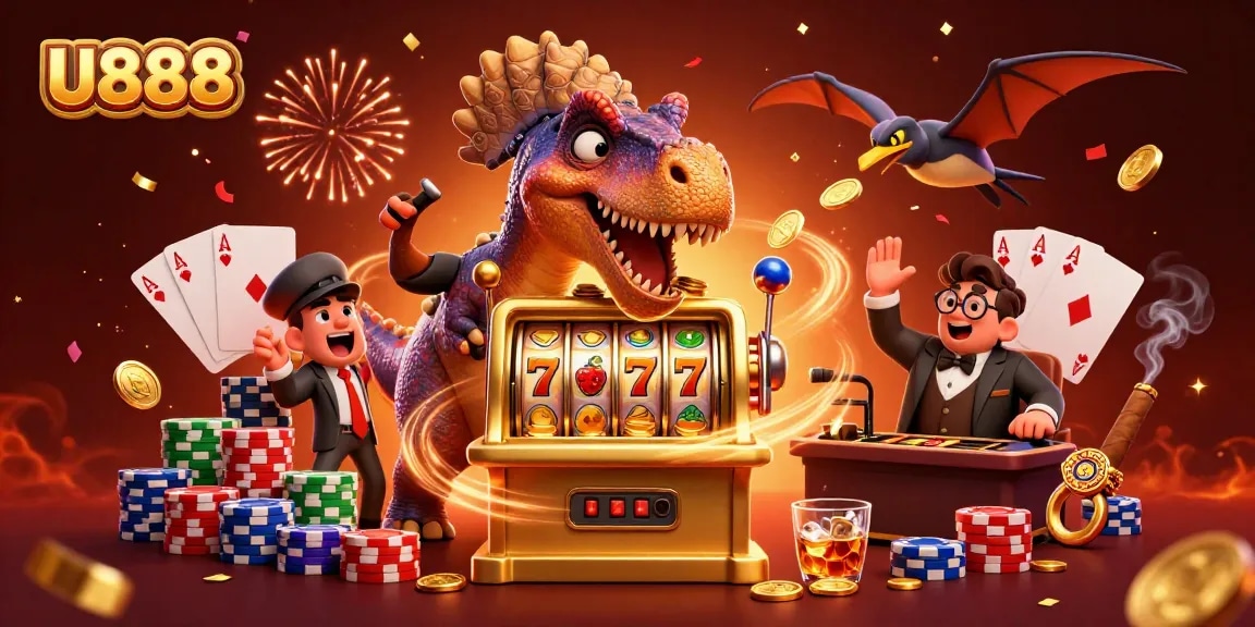 U888 slot machine jackpot celebration with cartoon dinosaurs and casino elements flying around.