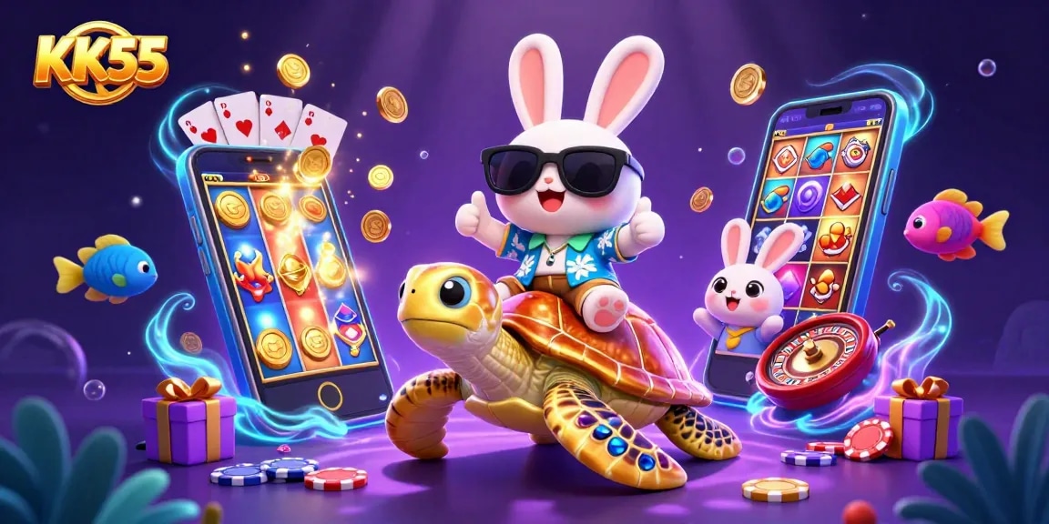 Spin to win at KK55: A lucky rabbit and turtle celebrating colorful casino games.