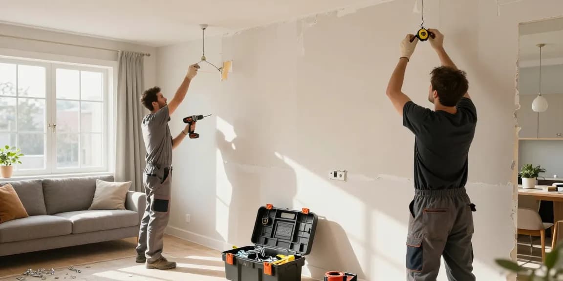 Home repair specialists diligently working together on a living room renovation, showcasing teamwork and professional tools.